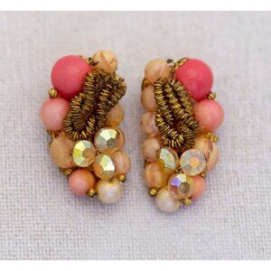 Vintage Colorful Beads Gold Tone Unique Clip On Earrings - K1